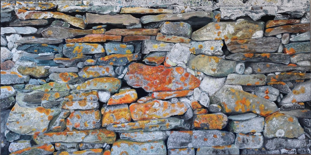 Hlaðinn veggur málað af Jóhannes Kristjánsson, verkið er Landslagsverk