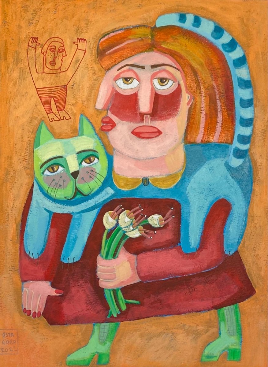 Köttur vermir háls konu þótt hann sé blár úr kulda