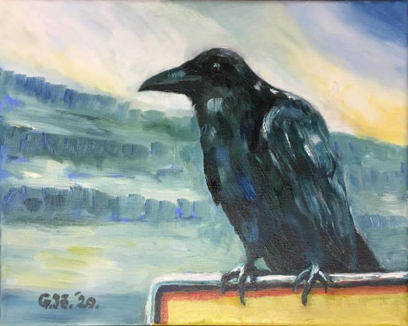 Krummi situr á skilti