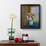 Blóm við glugga í gömlum bústað